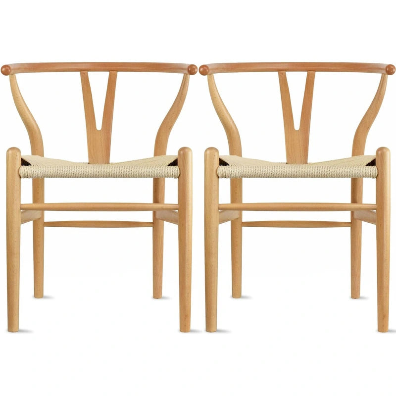 Set of 2 Natural Modern Wood Dining Chair With Back Y Arm Armchair Hemp Seat Home Restaurant Office Desk Work Kitchen