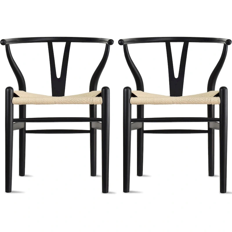 Set di 2 sedie da pranzo moderne in legno naturale con braccioli a Y e schienale, seduta in canapa, per casa, ristorante, ufficio, scrivania, cucina
