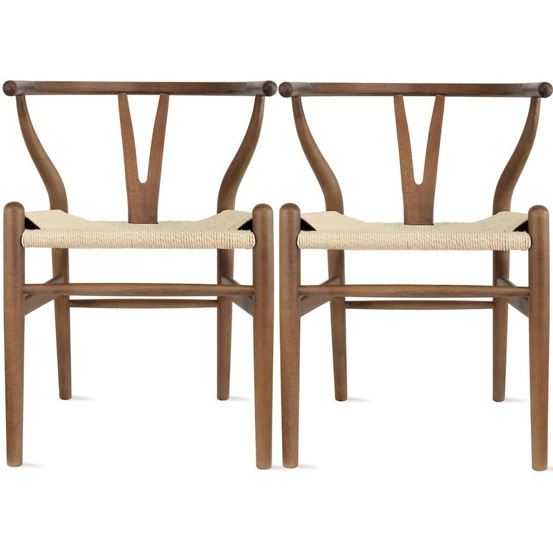 Set di 2 sedie da pranzo moderne in legno naturale con braccioli a Y e schienale, seduta in canapa, per casa, ristorante, ufficio, scrivania, cucina