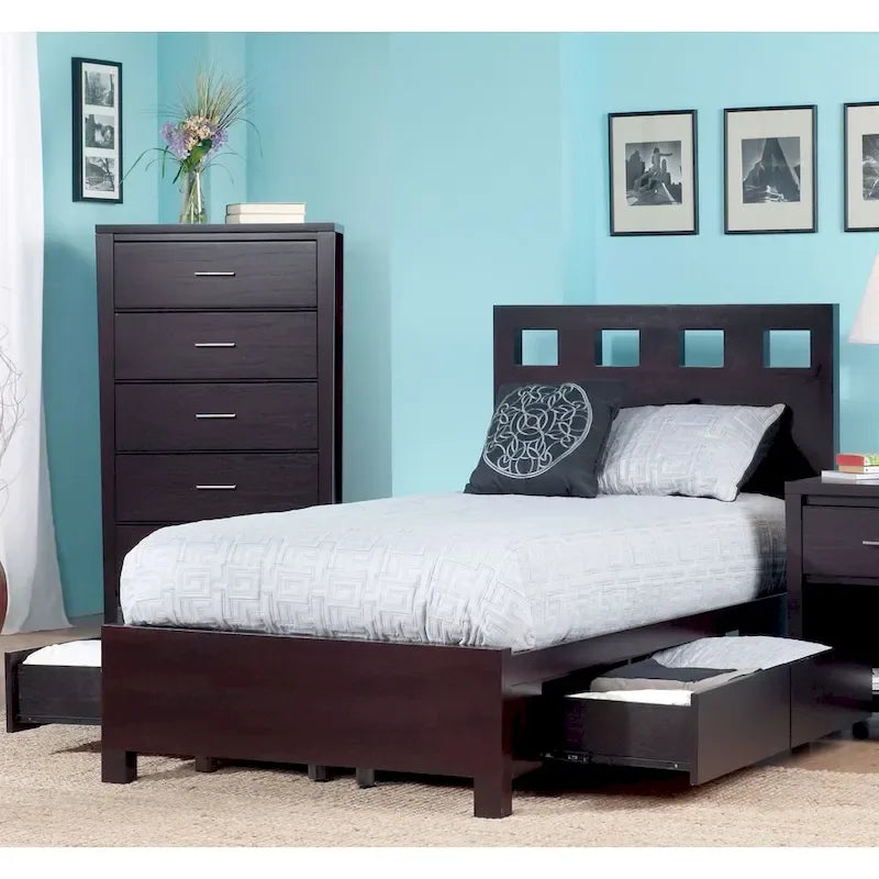 Letto contenitore a piattaforma con intaglio rettangolare color espresso