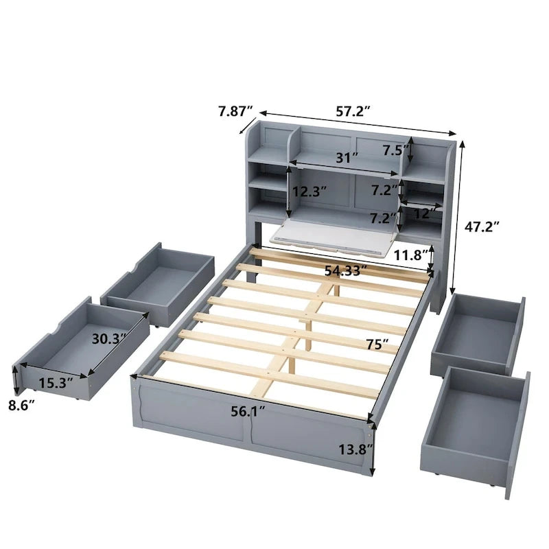 Letto Matrimoniale Multifunzionale con 4 Cassetti Contenitori Portatili Sotto al Letto