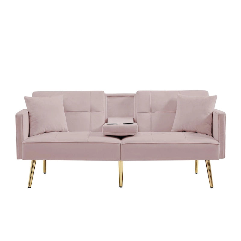 Divano Letto in Velluto Rosa, Convertibile, Posizioni Regolabili, Bracciolo Centrale