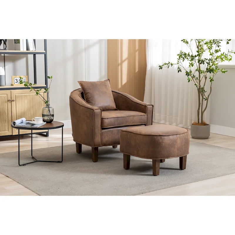 Poltrona a botte rotonda imbottita Mid-Century con pouf poggiapiedi
