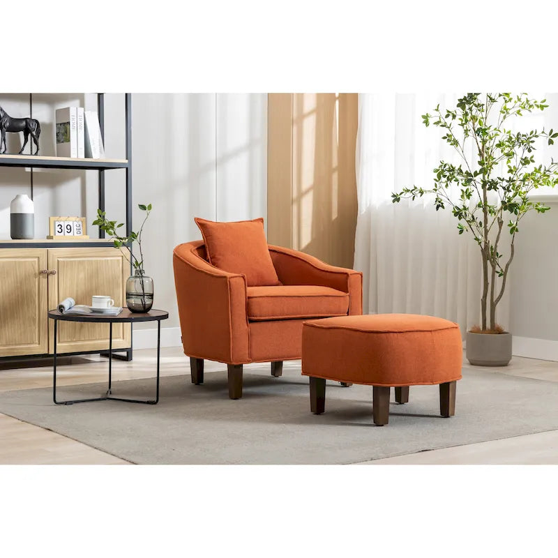 Poltrona a botte rotonda imbottita Mid-Century con pouf poggiapiedi