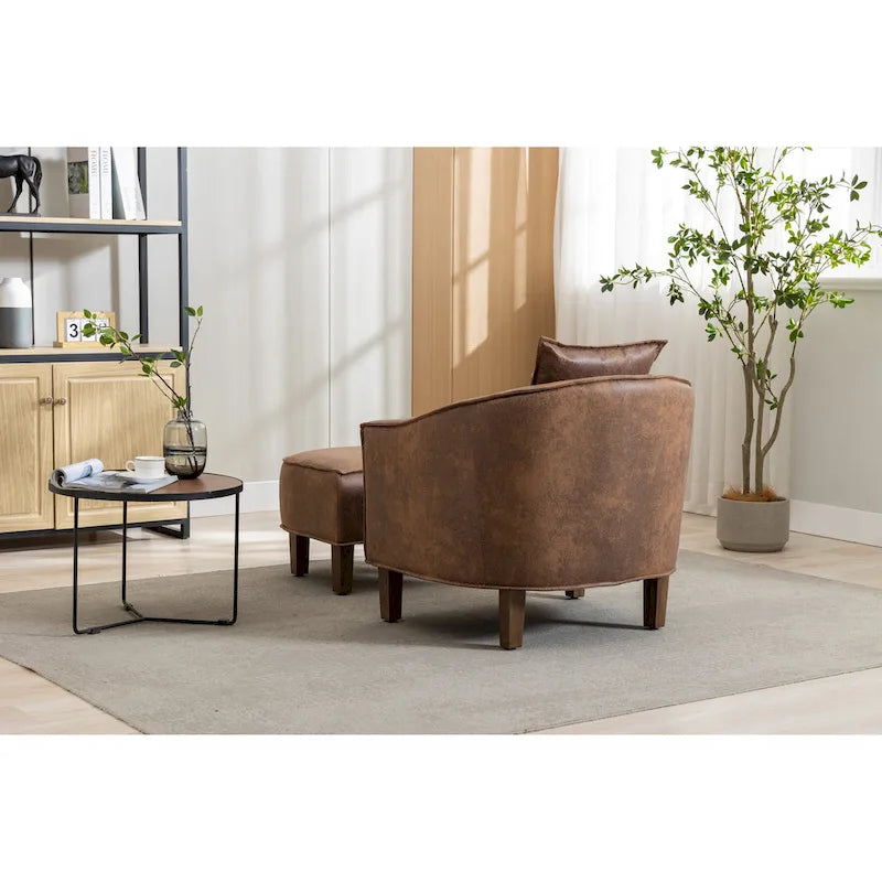 Poltrona a botte rotonda imbottita Mid-Century con pouf poggiapiedi