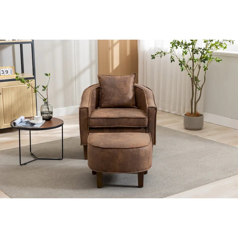 Poltrona a botte rotonda imbottita Mid-Century con pouf poggiapiedi
