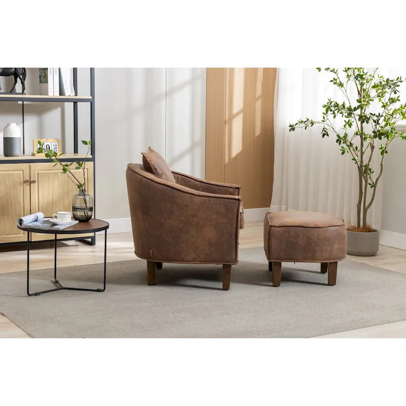 Poltrona a botte rotonda imbottita Mid-Century con pouf poggiapiedi
