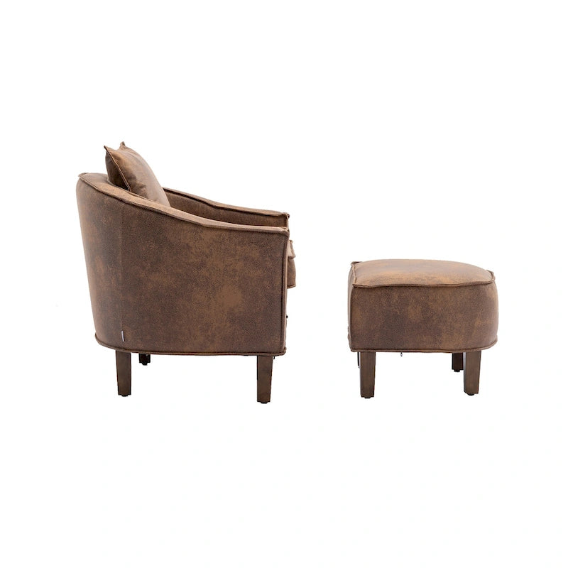 Poltrona a botte rotonda imbottita Mid-Century con pouf poggiapiedi