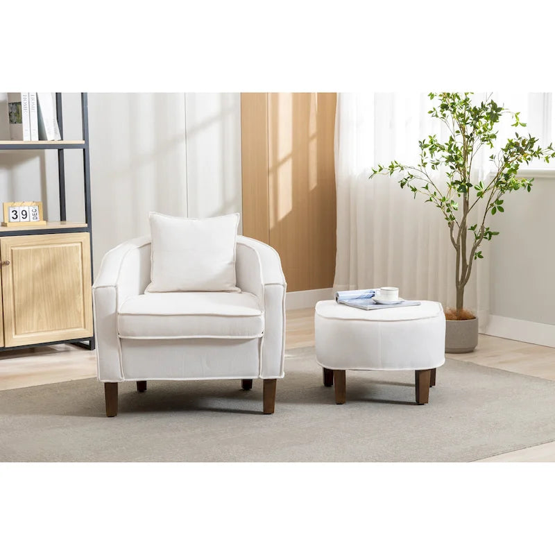 Poltrona a botte rotonda imbottita Mid-Century con pouf poggiapiedi