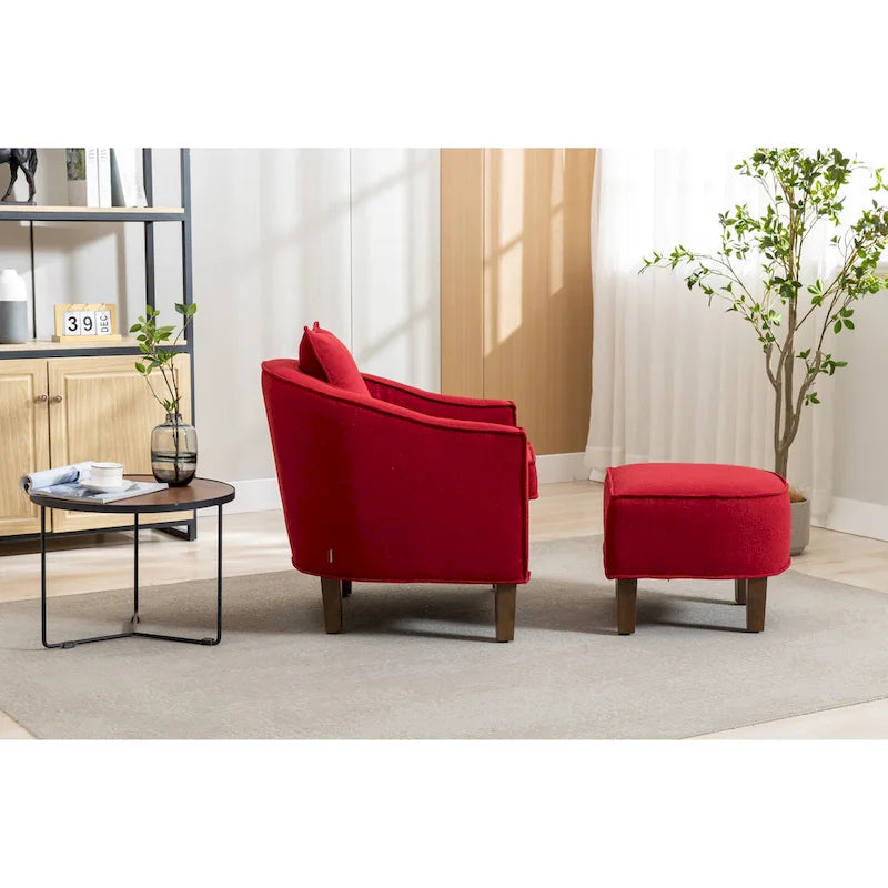 Poltrona a botte rotonda imbottita Mid-Century con pouf poggiapiedi