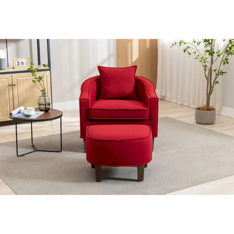 Poltrona a botte rotonda imbottita Mid-Century con pouf poggiapiedi