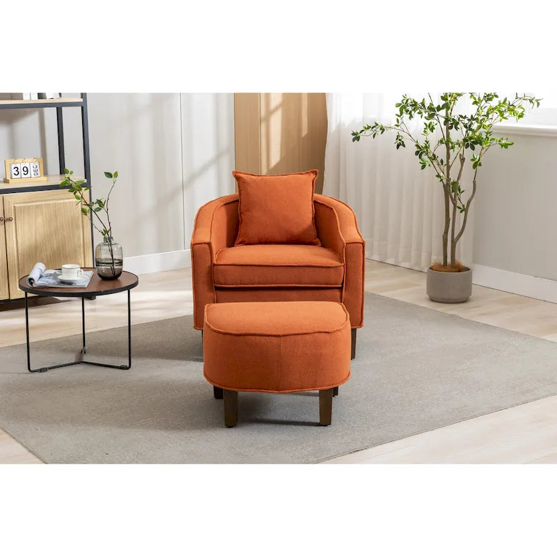 Poltrona a botte rotonda imbottita Mid-Century con pouf poggiapiedi