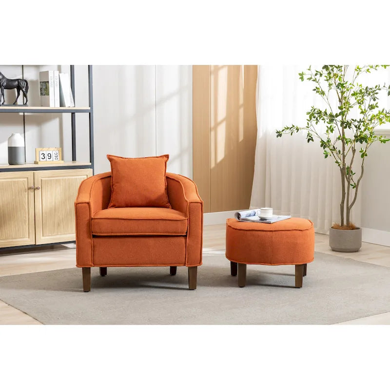 Poltrona a botte rotonda imbottita Mid-Century con pouf poggiapiedi