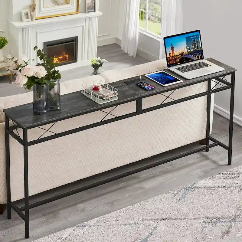 o Tavolo Consolle con Stazione di Ricarica e Porte USB, Grigio Carbone