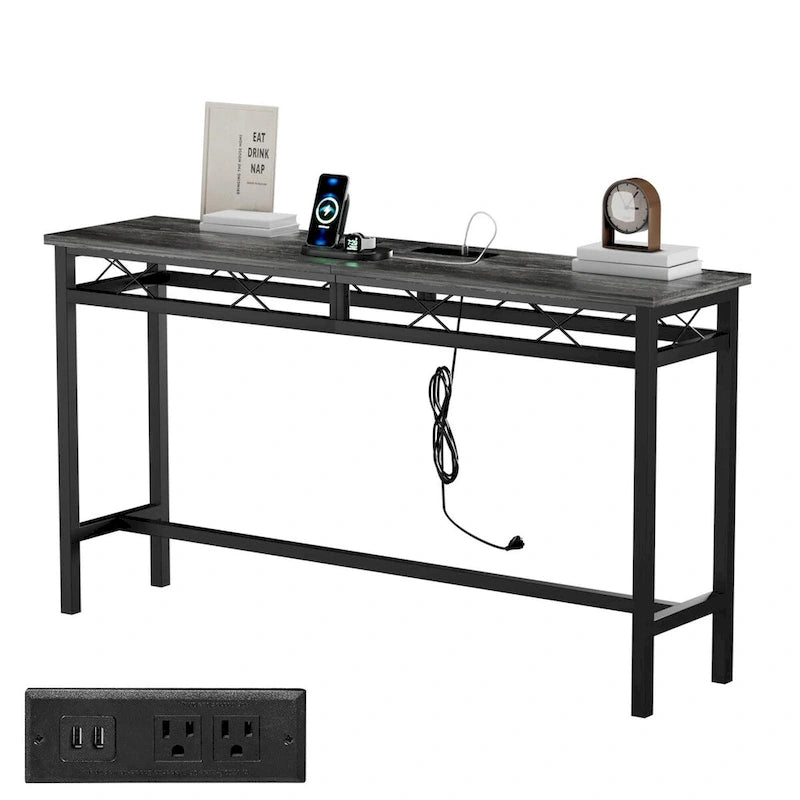 o Tavolo Consolle con Stazione di Ricarica e Porte USB, Grigio Carbone