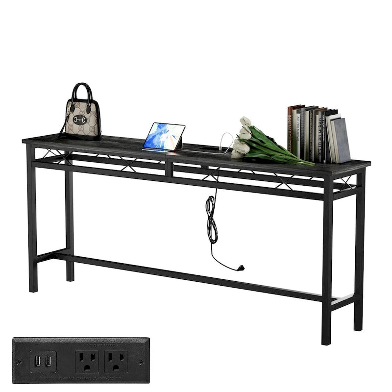 o Tavolo Consolle con Stazione di Ricarica e Porte USB, Grigio Carbone