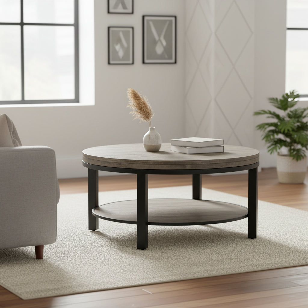 Canyon Solid Wood and Metal Round Coffee Table in Washed Grey - 19 x 40 x 40
