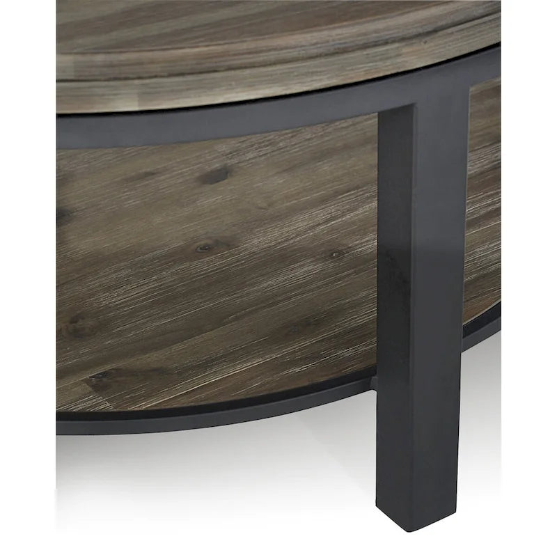 Tavolino Tondo in Legno Massello e Metallo Grigio Consumato - 19 x 40 x 40