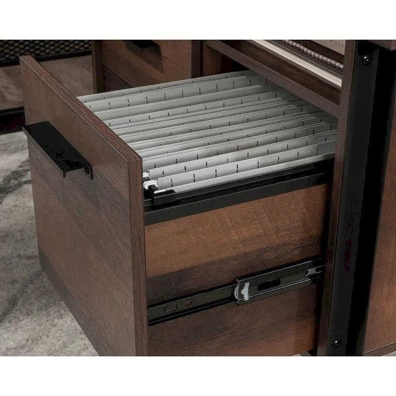 Scrivania a L con 3 cassetti e cassetto portadocumenti, finitura Rovere Barrique