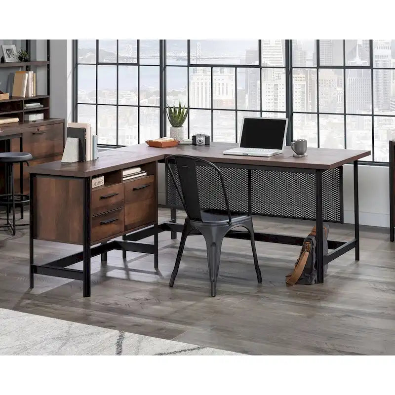 Scrivania a L con 3 cassetti e cassetto portadocumenti, finitura Rovere Barrique