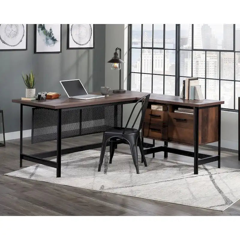 Scrivania a L con 3 cassetti e cassetto portadocumenti, finitura Rovere Barrique