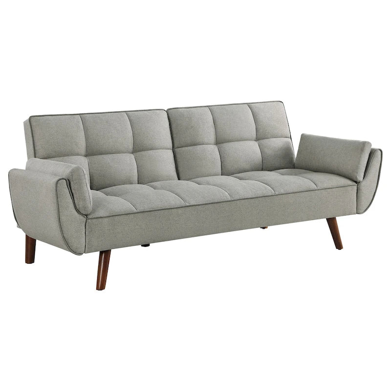 Divano letto futon moderno di metà secolo da 84 pollici, schienale capitonné, gambe affusolate angolate, tessuto grigio
