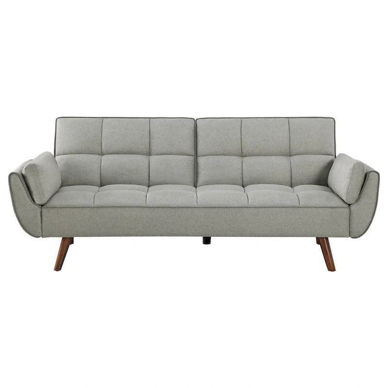 Divano letto futon moderno di metà secolo da 84 pollici, schienale capitonné, gambe affusolate angolate, tessuto grigio