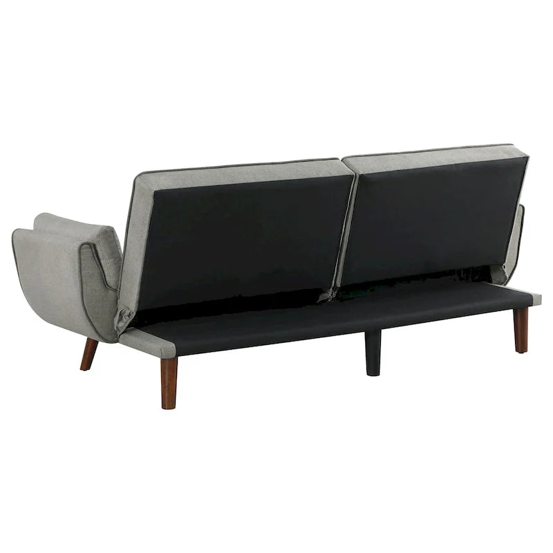Divano letto futon moderno di metà secolo da 84 pollici, schienale capitonné, gambe affusolate angolate, tessuto grigio