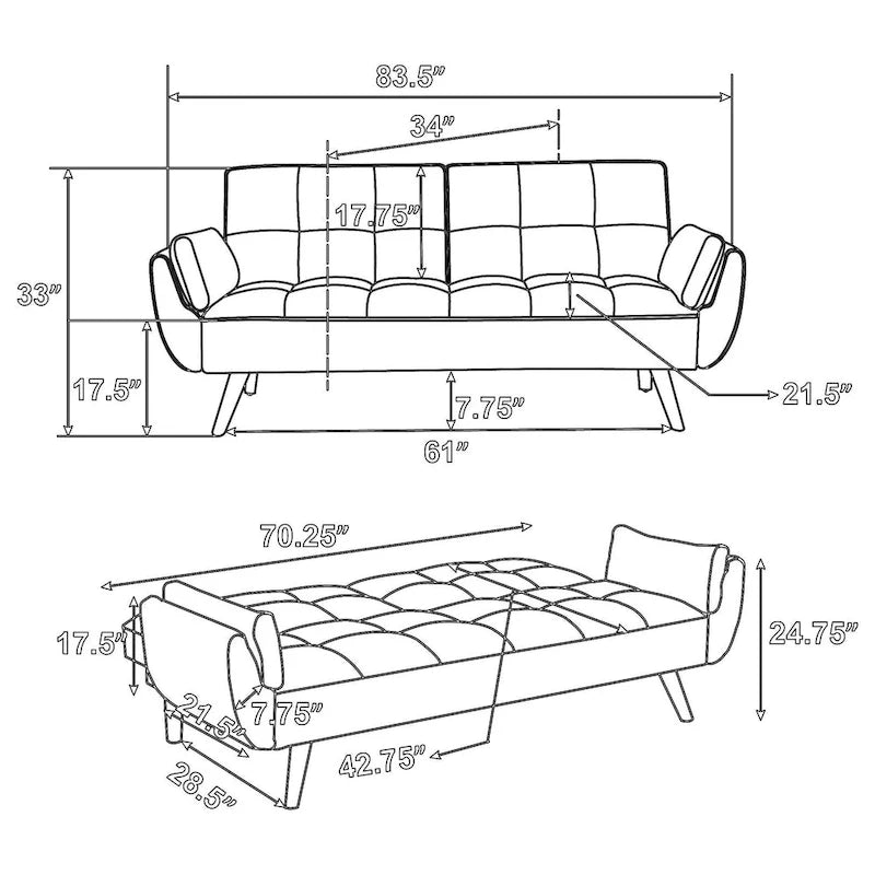 Divano letto futon moderno di metà secolo da 84 pollici, schienale capitonné, gambe affusolate angolate, tessuto grigio