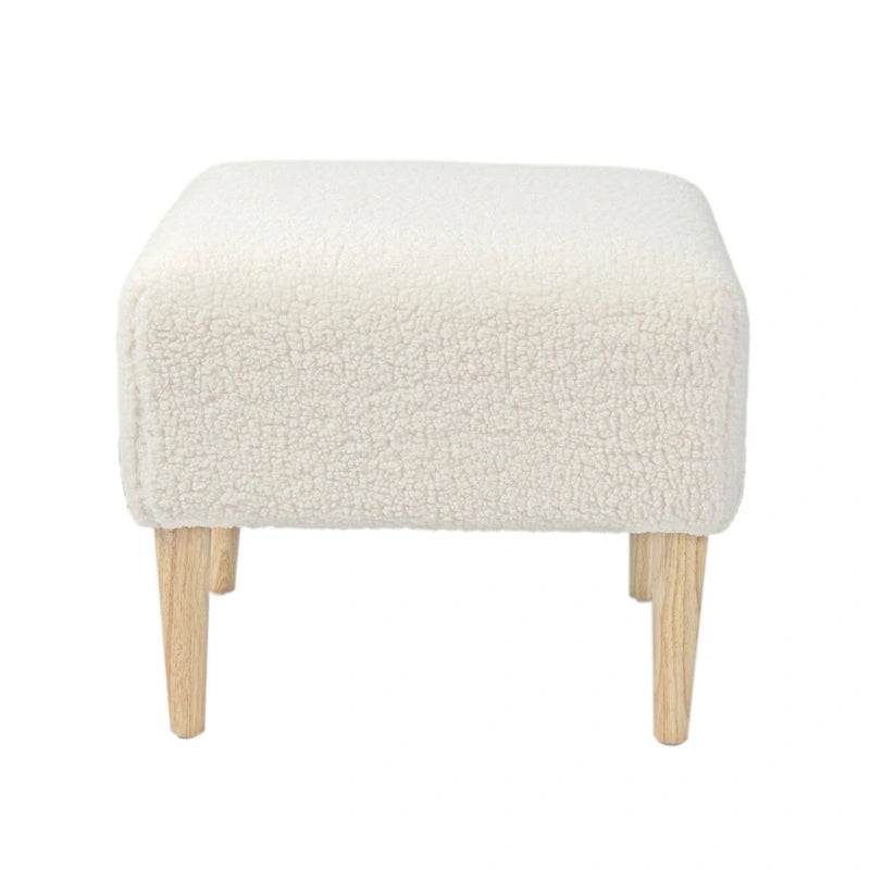 Poggiapiedi Pouf Quadrato in Bouclé con Gambe Affusolate in Legno, Bianco Avorio - 52 x 51 x 46 cm