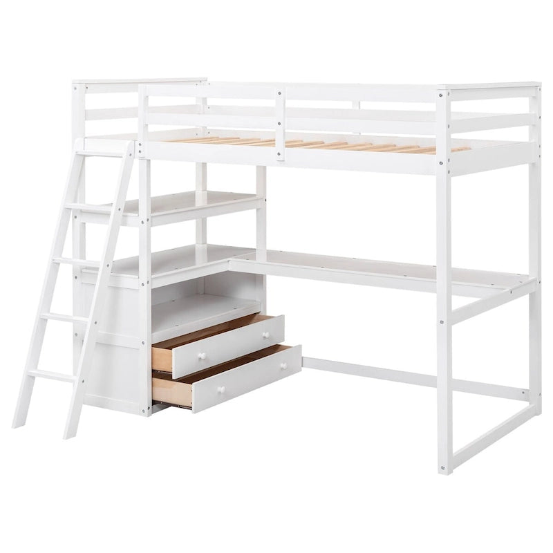 Letto a soppalco bianco moderno in pino con scrivania, mensole e due cassetti integrati