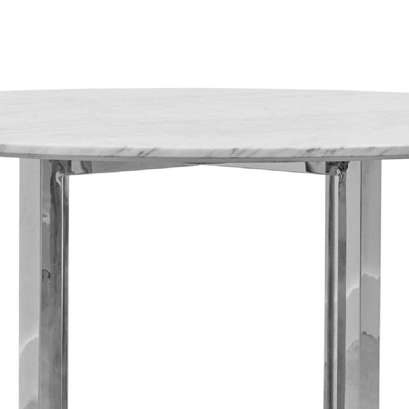 Tavolo da pranzo rotondo Eun da 122 cm con piano in marmo, base incrociata, cromo