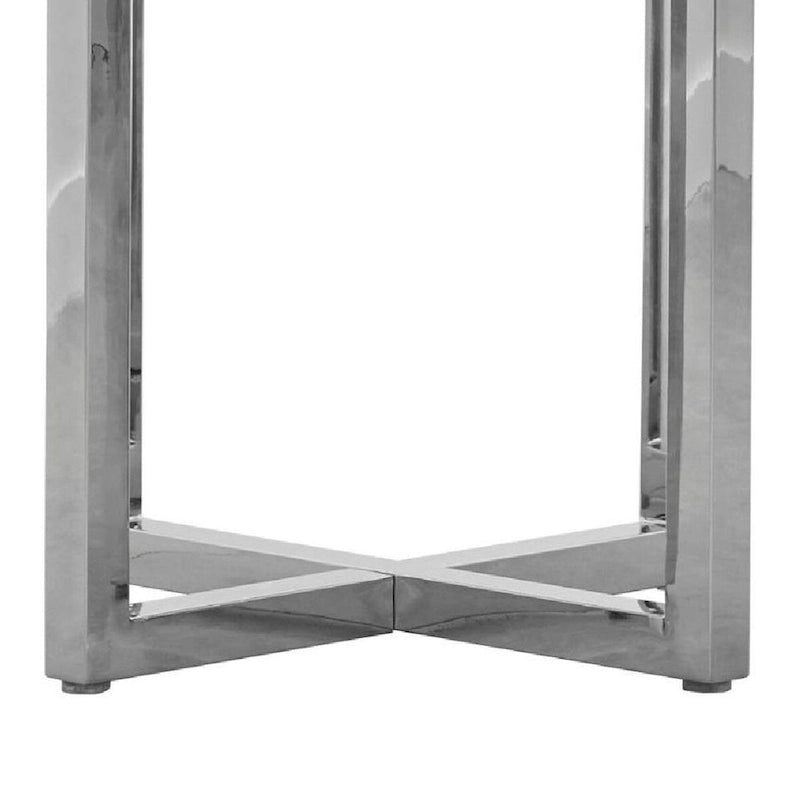 Tavolo da pranzo rotondo Eun da 122 cm con piano in marmo, base incrociata, cromo