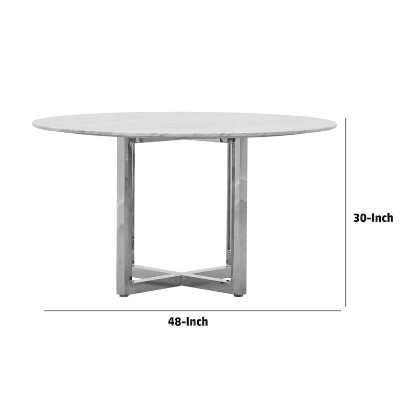 Tavolo da pranzo rotondo Eun da 122 cm con piano in marmo, base incrociata, cromo