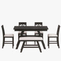 Set da pranzo da 6 pezzi in legno a altezza bancone con scaffale, panca e 4 sedie, Espresso e Beige