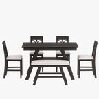 Set da pranzo da 6 pezzi in legno a altezza bancone con scaffale, panca e 4 sedie, Espresso e Beige