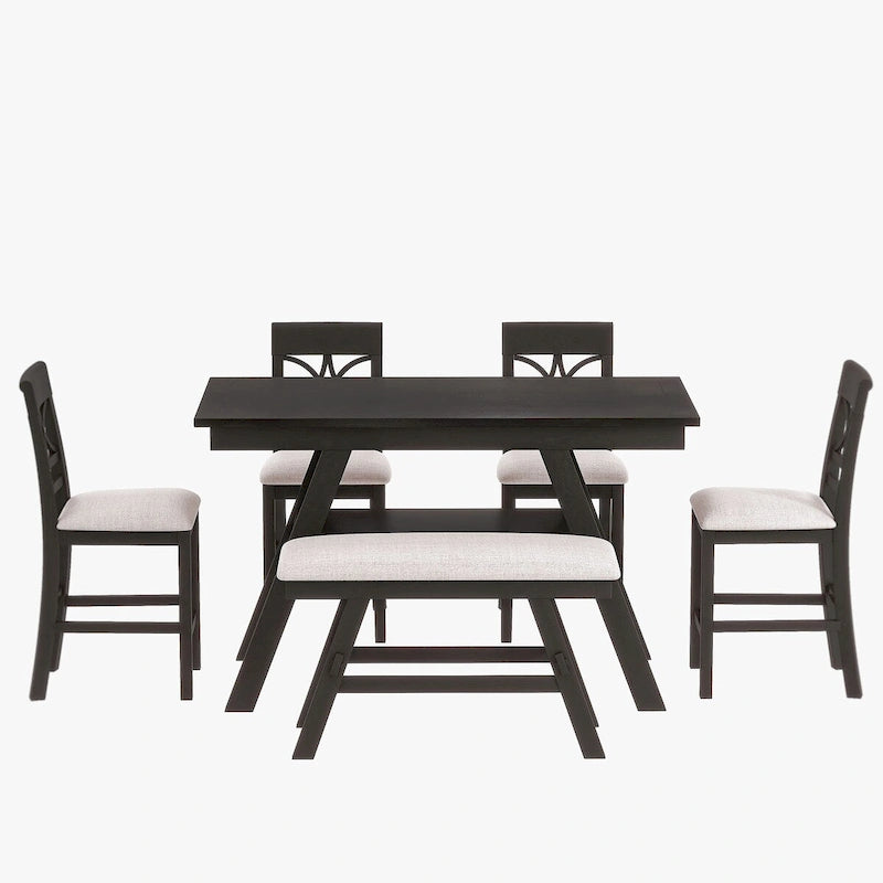Set da pranzo da 6 pezzi in legno a altezza bancone con scaffale, panca e 4 sedie, Espresso e Beige