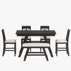 Set da pranzo da 6 pezzi in legno a altezza bancone con scaffale, panca e 4 sedie, Espresso e Beige