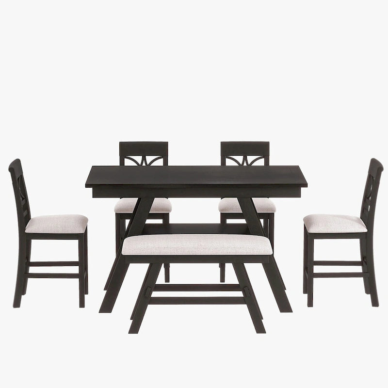 Set da pranzo da 6 pezzi in legno a altezza bancone con scaffale, panca e 4 sedie, Espresso e Beige