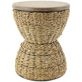 Tavolino d'appoggio in Rattan Intrecciato a Mano, Piano in Legno, Struttura Nera - Marrone Chiaro o Marrone