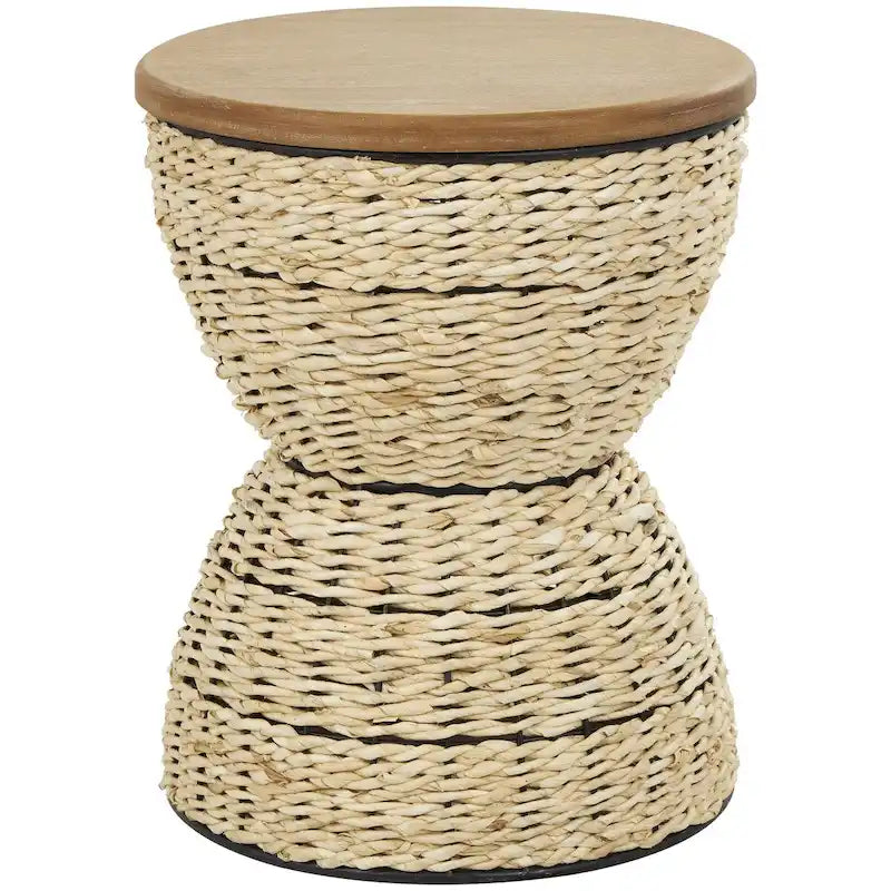 Tavolino d'appoggio in Rattan Intrecciato a Mano, Piano in Legno, Struttura Nera - Marrone Chiaro o Marrone