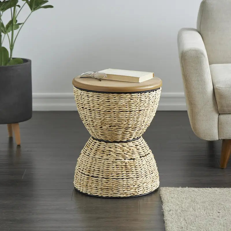 Tavolino d'appoggio in Rattan Intrecciato a Mano, Piano in Legno, Struttura Nera - Marrone Chiaro o Marrone