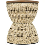 Tavolino d'appoggio in Rattan Intrecciato a Mano, Piano in Legno, Struttura Nera - Marrone Chiaro o Marrone