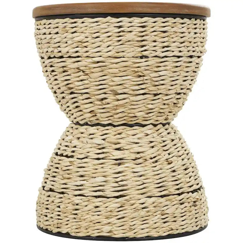 Tavolino d'appoggio in Rattan Intrecciato a Mano, Piano in Legno, Struttura Nera - Marrone Chiaro o Marrone