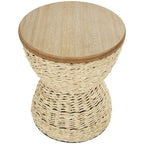 Tavolino d'appoggio in Rattan Intrecciato a Mano, Piano in Legno, Struttura Nera - Marrone Chiaro o Marrone