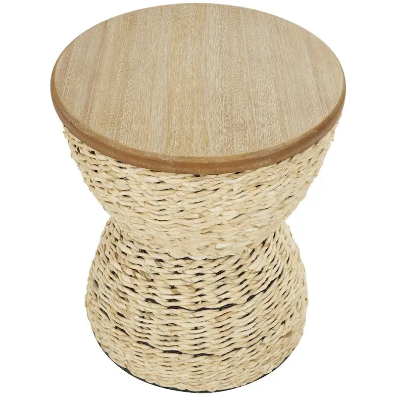 Tavolino d'appoggio in Rattan Intrecciato a Mano, Piano in Legno, Struttura Nera - Marrone Chiaro o Marrone