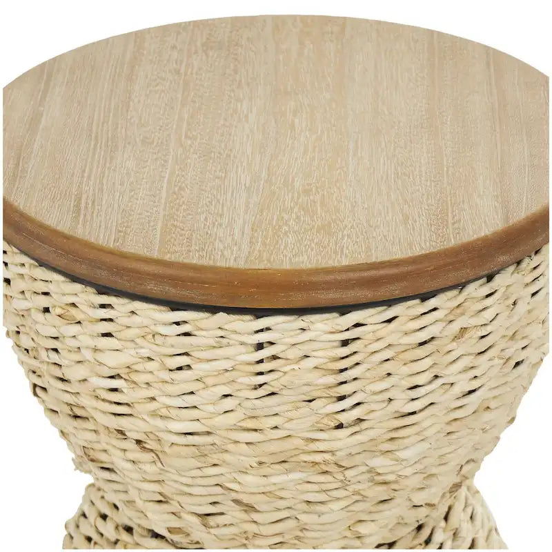 Tavolino d'appoggio in Rattan Intrecciato a Mano, Piano in Legno, Struttura Nera - Marrone Chiaro o Marrone