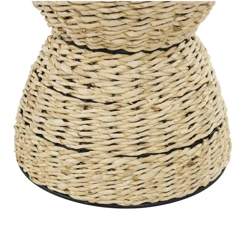 Tavolino d'appoggio in Rattan Intrecciato a Mano, Piano in Legno, Struttura Nera - Marrone Chiaro o Marrone