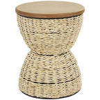 Tavolino d'appoggio in Rattan Intrecciato a Mano, Piano in Legno, Struttura Nera - Marrone Chiaro o Marrone