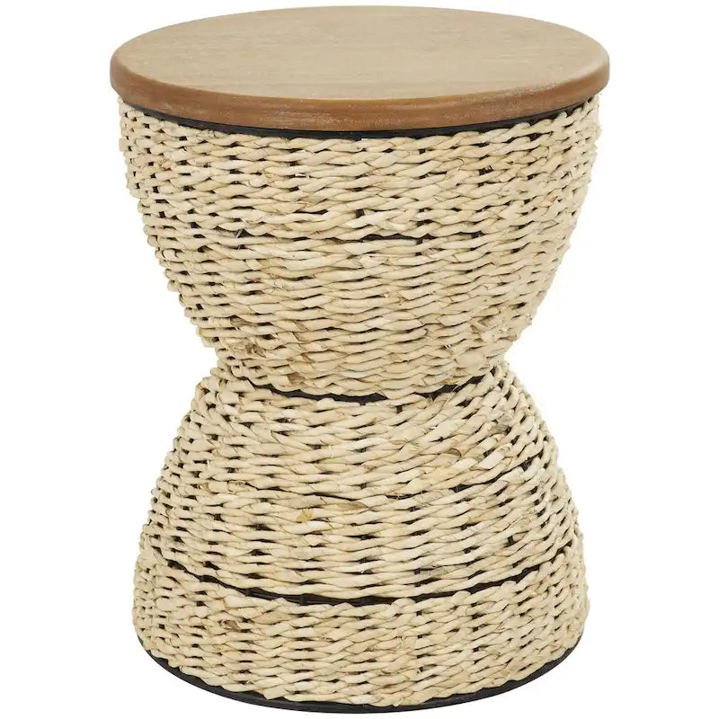 Tavolino d'appoggio in Rattan Intrecciato a Mano, Piano in Legno, Struttura Nera - Marrone Chiaro o Marrone